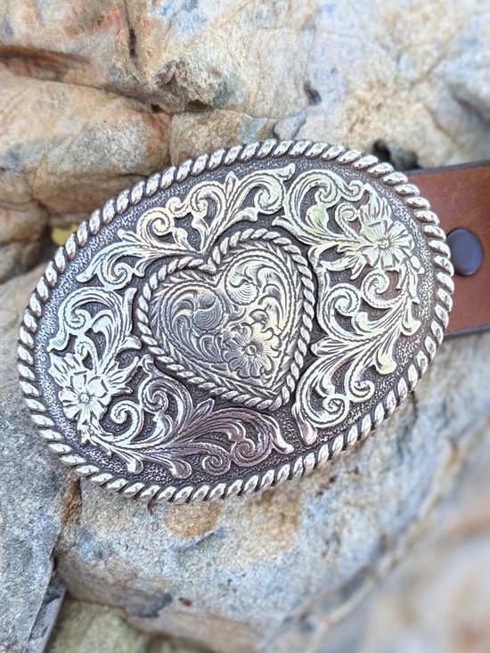 Justin Tooled Brown Leather Belt with Ornate Silver Heart Buckle main image 4